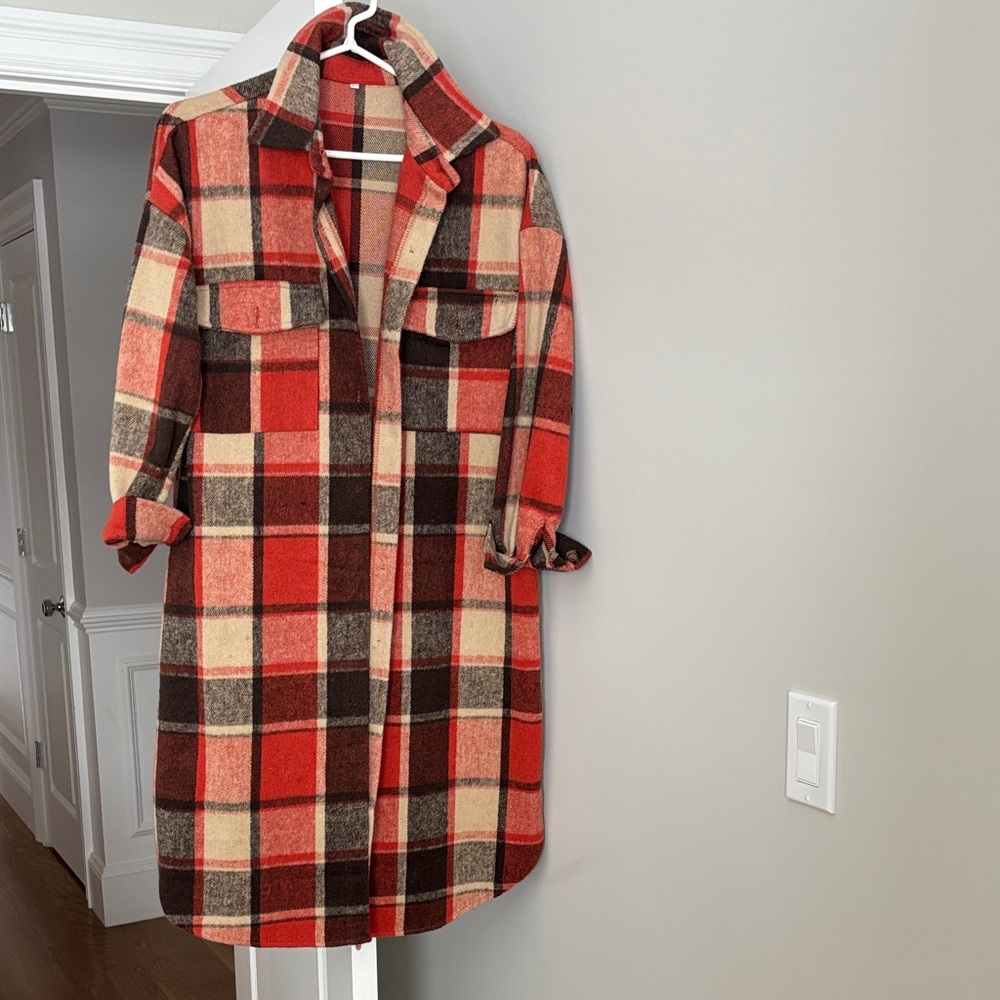 Red and Brown Plaid Long Coat